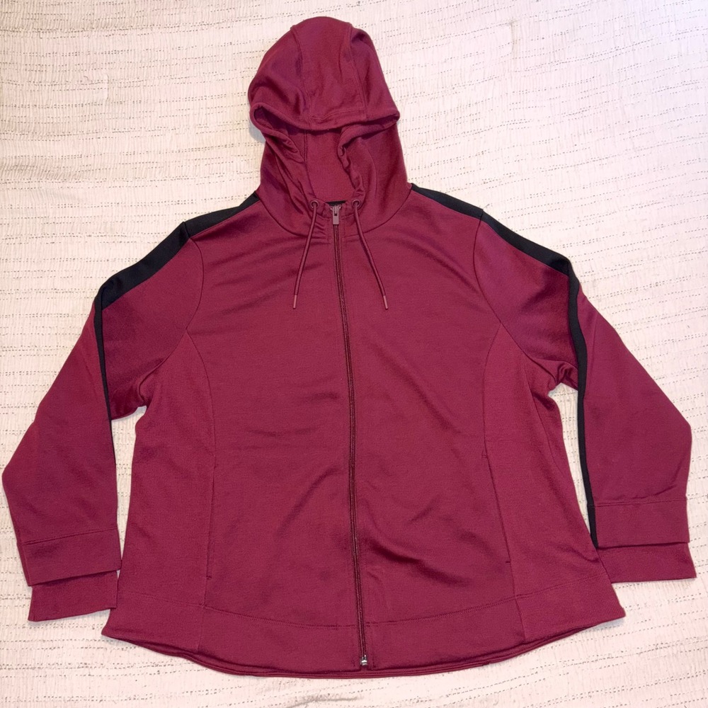 Chicos Zenergy Burgundy Full Zip Hoodie Jacket Black Stripe Size 4 XXL 526-638